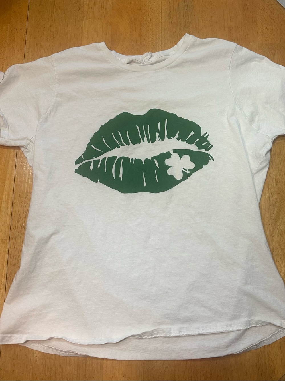 White Short Sleeve Tee with Green Lip & Shamrock Graphic